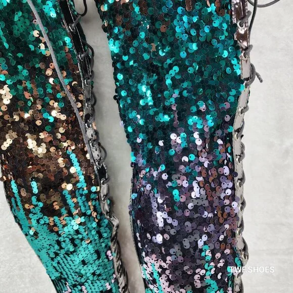 Over the Knee Thigh High Lace Up Stiletto Heel Sequin Boots Pewter - Picture 7 of 11